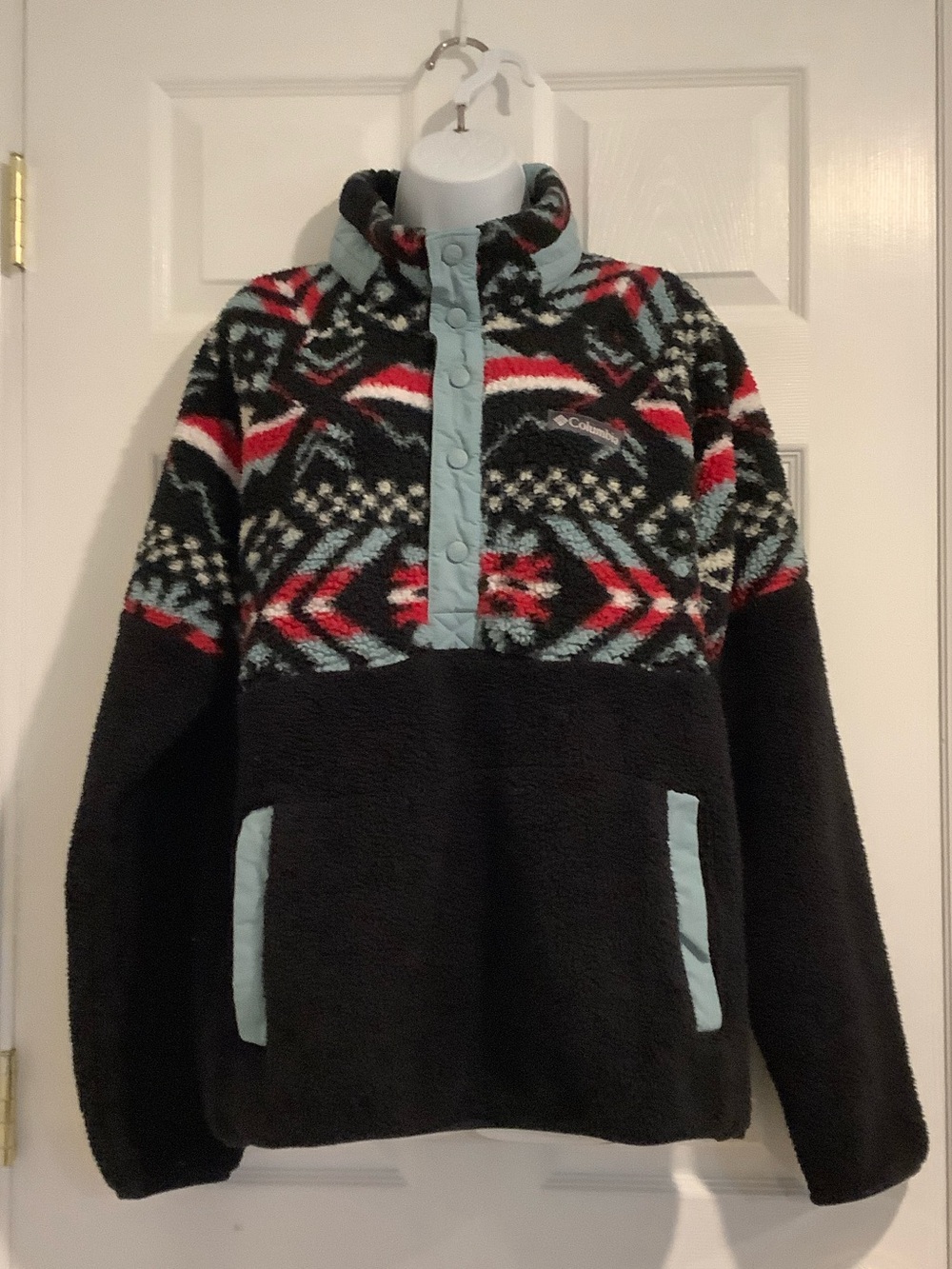 COLUMBIA Women’s Black Aztec Print Sherpa Fleece Gorpcore Pullover Jacket M
